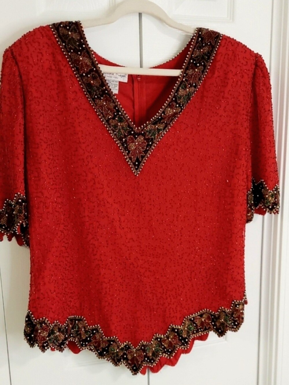 Laurence Kazar Top, Size 2X, Red 100% Silk, Beaded Holiday Party - Picture 4 of 12